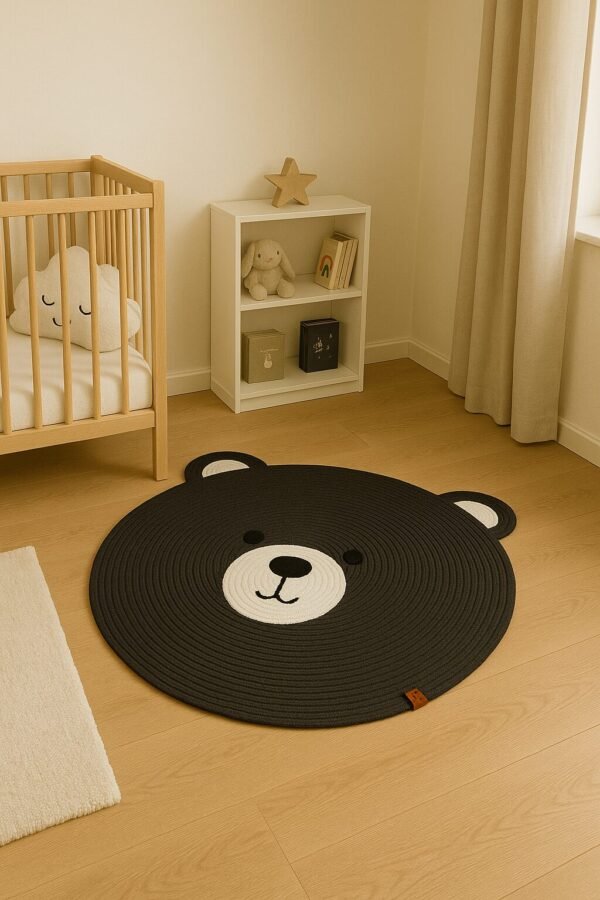 bear face rug, black and white bear rug, 3ft animal rug, cotton rope kids rug, round bear rug, toddler play mat, kids room decor rug, bear shaped nursery mat, animal floor rug for kids,