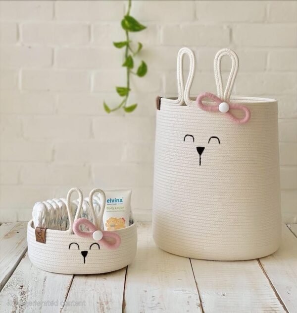 bunny basket for nursery bunny face cotton rope basket baby girl storage basket nursery toy organizer diaper caddy with bunny ears cute nursery decor cotton rope storage bin kids room organizer storage baskets with sizes small medium large