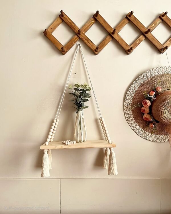 boho wall shelf, wooden bead shelf, 35cm hanging shelf, floating wooden shelf, tassel hanging wall decor, plant shelf boho, natural rope shelf, decorative wall storage, rustic small wall shelf, handmade wall shelf