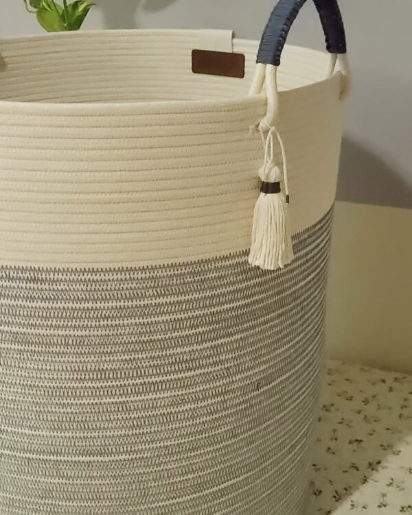 multi-purpose storage basket Pakistan cotton rope laundry basket cotton rope toy basket black stitched storage bin cotton rope basket Pakistan nursery organizer Pakistan decorative rope laundry bin eco-friendly rope basket for home