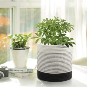 Black and white cotton rope planter basket with 10x10 inch size for indoor plants and home storage in Pakistan"