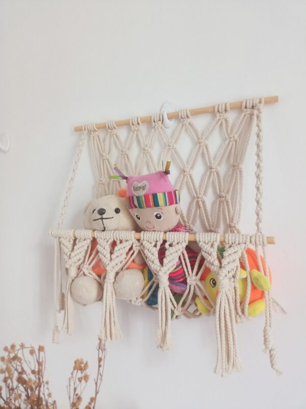 macrame toy hanger in Pakistan, nursery toy storage wall decor, boho nursery organizer, handmade wall hammock for toys, macrame wall hanging for kid's room, cotton toy hanger, gift for new moms, macrame storage ideas Pakistan, kids room wall organizer, macrame toy storage hammock