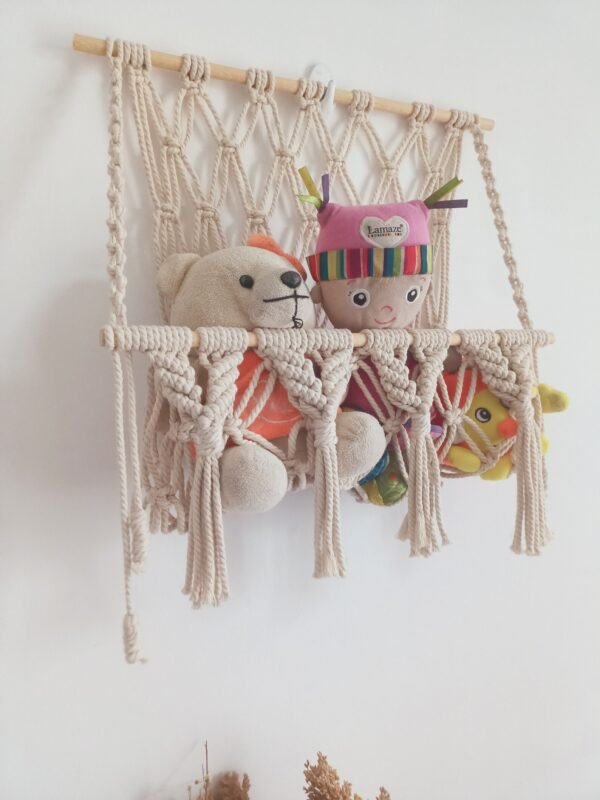 macrame toy hanger in Pakistan, nursery toy storage wall decor, boho nursery organizer, handmade wall hammock for toys, macrame wall hanging for kid's room, cotton toy hanger, gift for new moms, macrame storage ideas Pakistan, kids room wall organizer, macrame toy storage hammock