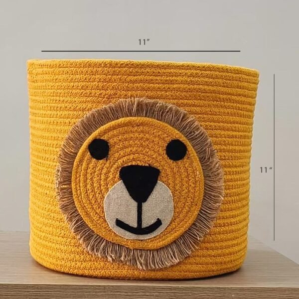 Lion toy basket for kids Animal theme storage basket Light orange cotton toy organizer Kids room toy bin Pakistan Cute rope basket for nursery Toy storage for baby room Round cotton basket with lion face Toy box alternative for children