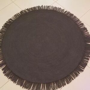 Black tassel rug Pakistan Cotton rope round rug Handmade round rug for living room Rope rug for bedroom floor Tassel floor mat online Pakistan Eco-friendly cotton rugs Karachi Lahore Minimalist black rug Cotton rope rug for home decor Round handmade rug with tassels Home decor rugs online shopping Pakistan