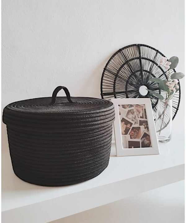 Black rope basket with lid Pakistan Cotton rope storage basket with cover Round organizer box for makeup Multipurpose black storage basket Toy storage basket with lid in Pakistan Cotton rope container bin with lid Daraz baskets black Facebook Marketplace rope baskets Rope storage baskets for bedroom Pakistan