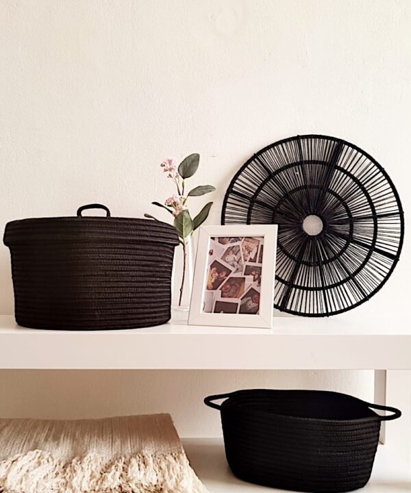 Black rope basket with lid Pakistan Cotton rope storage basket with cover Round organizer box for makeup Multipurpose black storage basket Toy storage basket with lid in Pakistan Cotton rope container bin with lid Daraz baskets black Facebook Marketplace rope baskets Rope storage baskets for bedroom Pakistan