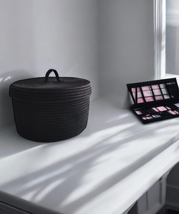 Black rope basket with lid Pakistan Cotton rope storage basket with cover Round organizer box for makeup Multipurpose black storage basket Toy storage basket with lid in Pakistan Cotton rope container bin with lid Daraz baskets black Facebook Marketplace rope baskets Rope storage baskets for bedroom Pakistan