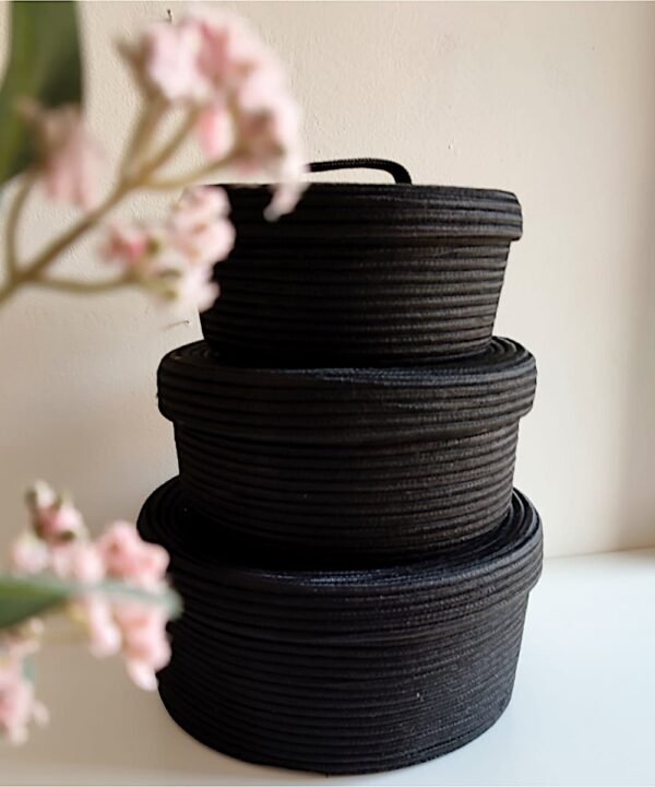 Black rope basket with lid Pakistan Cotton rope storage basket with cover Round organizer box for makeup Multipurpose black storage basket Toy storage basket with lid in Pakistan Cotton rope container bin with lid Daraz baskets black Facebook Marketplace rope baskets Rope storage baskets for bedroom Pakistan