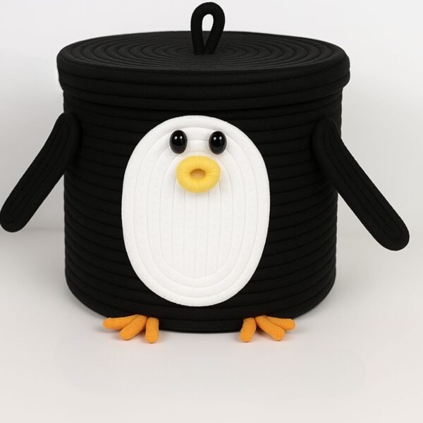 Penguin toy basket for kids Kids toy storage basket with lid Cotton rope basket for nursery Pakistan Cute organizer for baby room Toy baskets online Pakistan Penguin design toy box Daraz toy baskets for kids Baby room decor storage Black and white toy storage box Round storage basket for toddlers