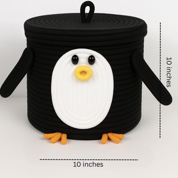 Penguin toy basket for kids Kids toy storage basket with lid Cotton rope basket for nursery Pakistan Cute organizer for baby room Toy baskets online Pakistan Penguin design toy box Daraz toy baskets for kids Baby room decor storage Black and white toy storage box Round storage basket for toddlers
