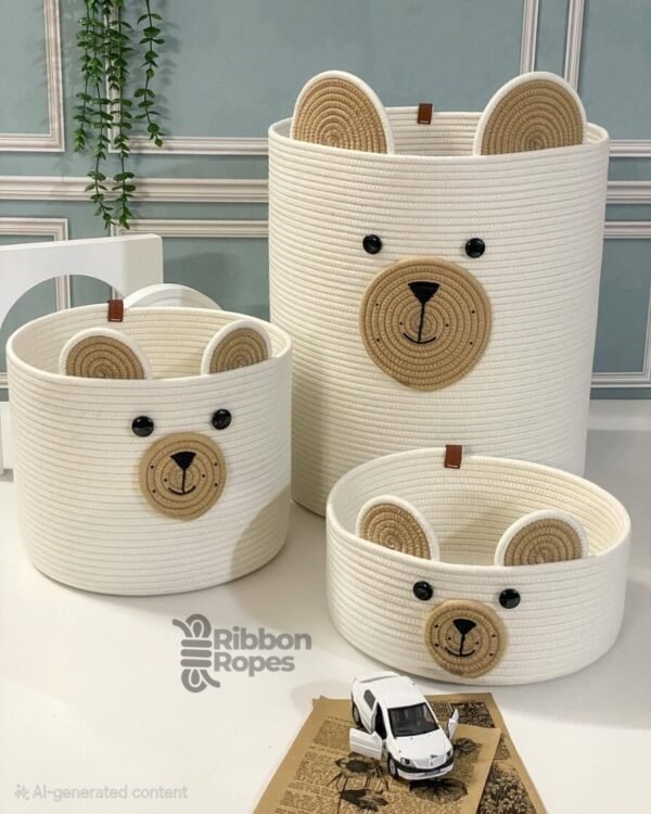 bear toy basket for kids cotton rope nursery storage kids room organizer basket baby storage basket with ears cute bear face basket large laundry basket kids soft toy storage bin foldable toy bin Montessori room storage rope basket for toys