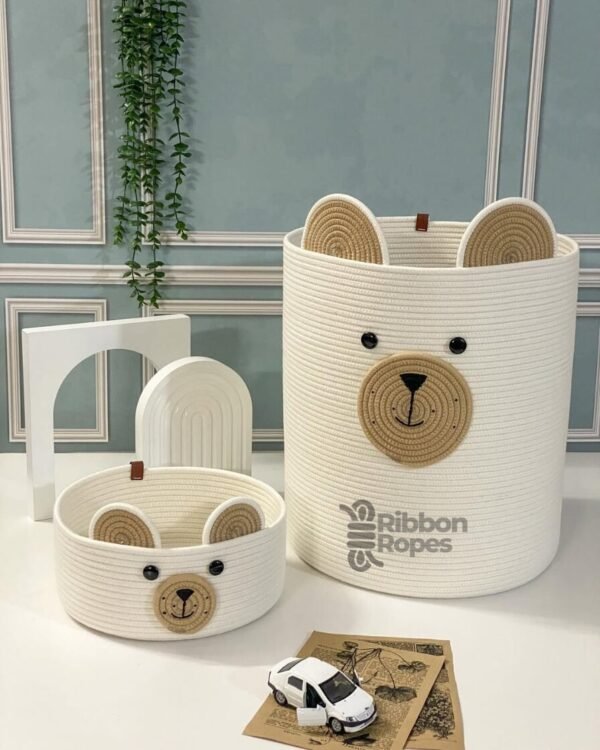 bear toy basket for kids cotton rope nursery storage kids room organizer basket baby storage basket with ears cute bear face basket large laundry basket kids soft toy storage bin foldable toy bin Montessori room storage rope basket for toys