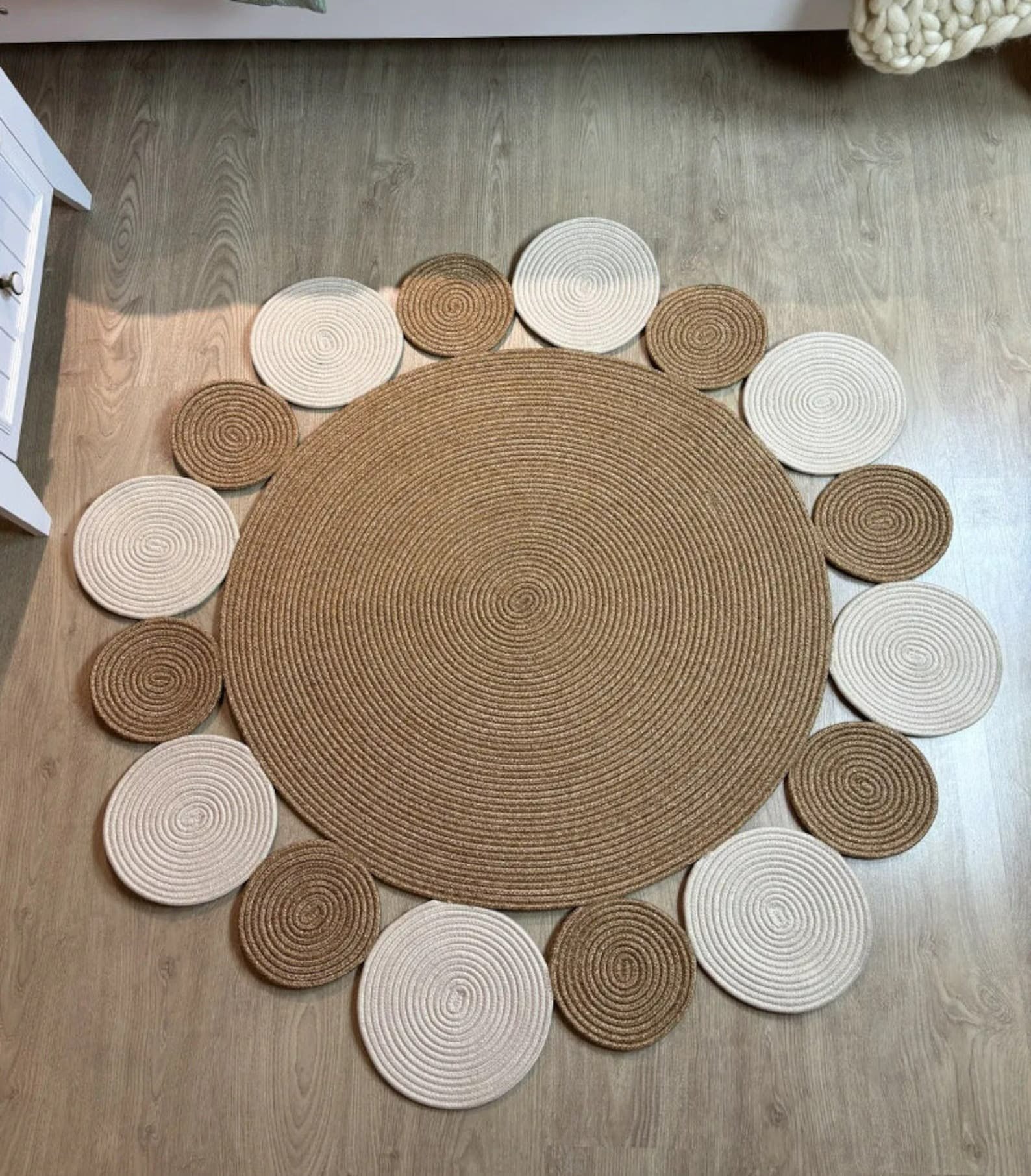 sunflower rug cotton rope jute rug boho cotton rug for nursery kids room sunflower carpet round cotton rope rug brown handmade petal rug unique boho rug for bedroom eco-friendly cotton rug sunflower mat for kids room floral rug for home decor aesthetic nursery floor mat