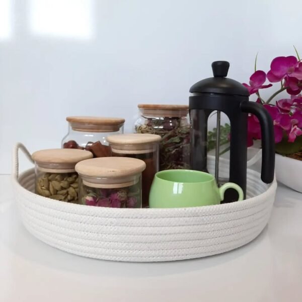 cotton rope platter basket round rope tray for home decorative cotton serving tray handcrafted rope tray Pakistan cotton tray basket UAE 11 inch round cotton tray rope tray for table decor aesthetic coffee table tray tea serving tray cotton rope round organizer tray basket
