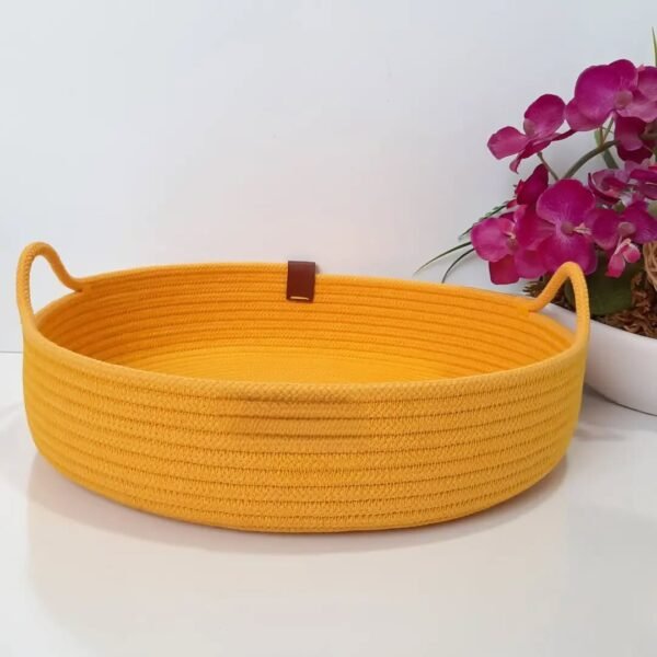 cotton rope platter basket round rope tray for home decorative cotton serving tray handcrafted rope tray Pakistan cotton tray basket UAE 11 inch round cotton tray rope tray for table decor aesthetic coffee table tray tea serving tray cotton rope round organizer tray basket