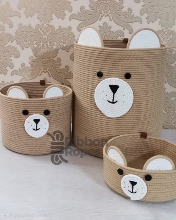 bear basket for nursery, cotton rope storage basket, baby toy organizer, nursery decor Pakistan, kids laundry basket, cute animal storage bin, handmade cotton basket, baby gift basket, rope basket with ears, storage basket for toys