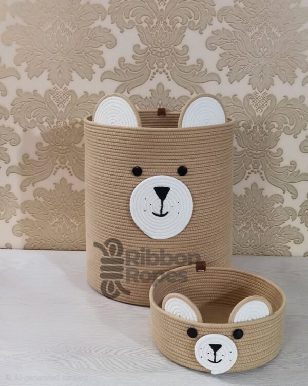 bear basket for nursery, cotton rope storage basket, baby toy organizer, nursery decor Pakistan, kids laundry basket, cute animal storage bin, handmade cotton basket, baby gift basket, rope basket with ears, storage basket for toys