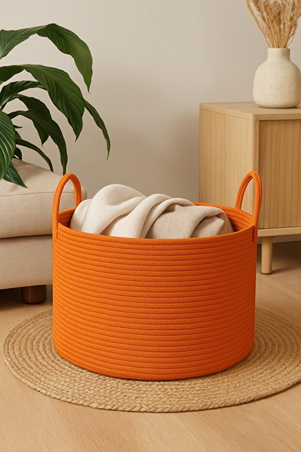 orange storage basket, cotton rope basket, tassel storage bin, toy storage basket, nursery organizer basket, handmade rope basket, laundry basket, modern storage bin, home decor basket, rope basket Pakistan