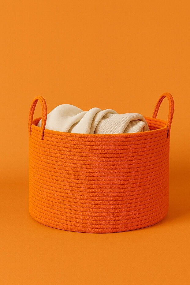 orange storage basket, cotton rope basket, tassel storage bin, toy storage basket, nursery organizer basket, handmade rope basket, laundry basket, modern storage bin, home decor basket, rope basket Pakistan