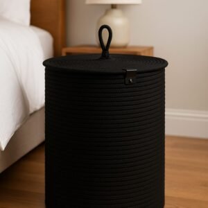 Black cotton rope basket Laundry hamper with lid Modern storage bin for nursery Woven basket organizer Cotton rope hamper with handle Nursery storage basket Pakistan Decorative laundry basket Pakistan Handmade storage baskets for clothes