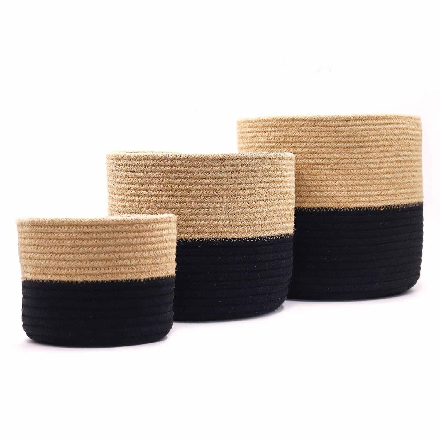Set of 3 Black Cotton Rope and Jute Planter Basket - Image 4