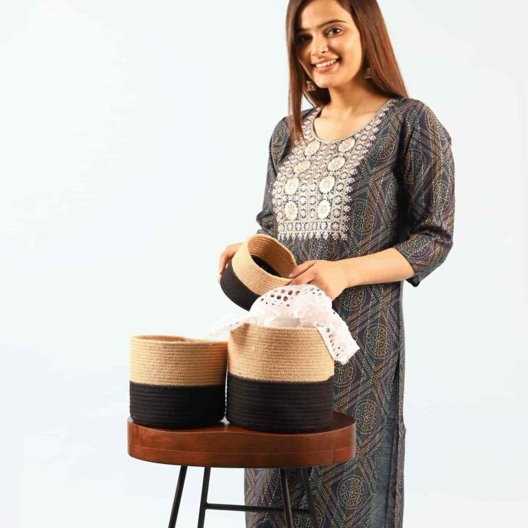 Set of 3 Black Cotton Rope and Jute Planter Basket - Image 5