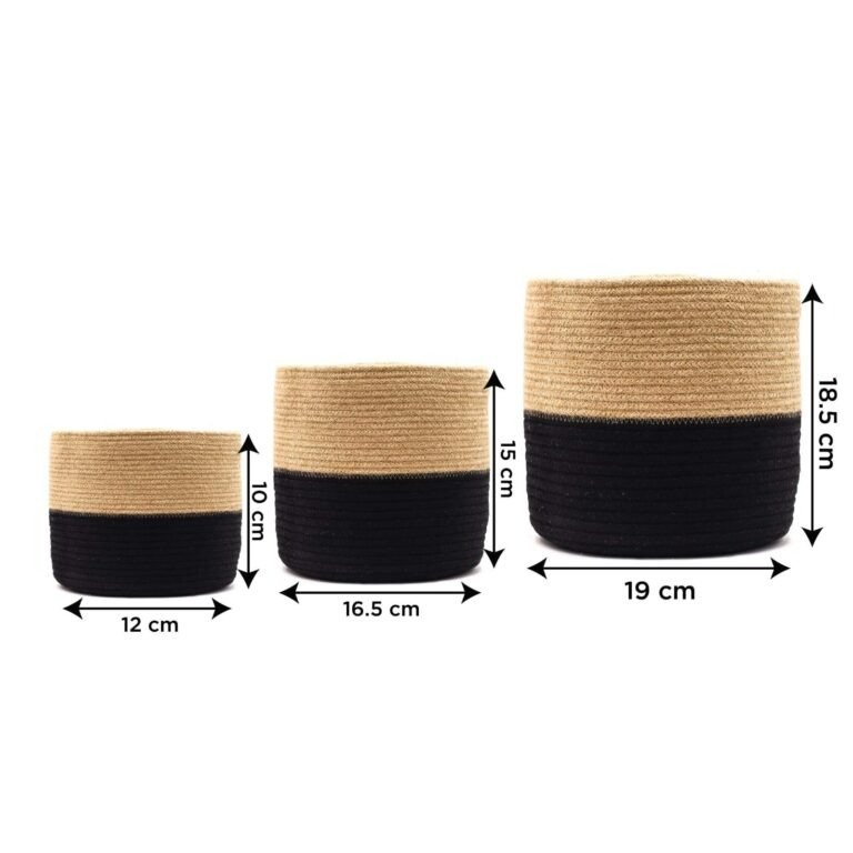 Set of 3 Black Cotton Rope and Jute Planter Basket - Image 3