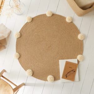 jute rug with pom pom, round jute rug Pakistan, boho rug round, handmade jute mat, nursery rug pompom, cotton pompom rug, round carpet jute, boho home decor rug, eco friendly rug, living room round rug, black pom pom rug, white pom pom rug