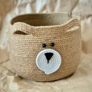jute toy basket, bear basket for kids, nursery storage basket, jute storage bin, kids toy organizer basket, handmade jute basket, eco friendly storage basket, baby room basket, animal face basket, twisted jute basket