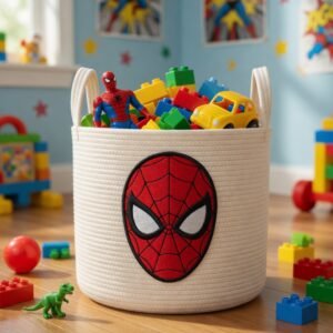 superhero toy basket, spider toy storage basket, kids rope basket, nursery storage basket, cotton rope toy bin, superhero nursery decor, playroom organizer basket, kids room storage, toy organizer for boys, embroidered toy basket, cotton storage bin, handmade kids basket, superhero room decor