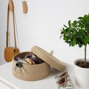 jute storage box with lid, woven jute basket, round jute organizer, handmade jute box, small storage basket with lid, eco friendly storage box, jute jewelry organizer, decorative jute box, boho storage basket
